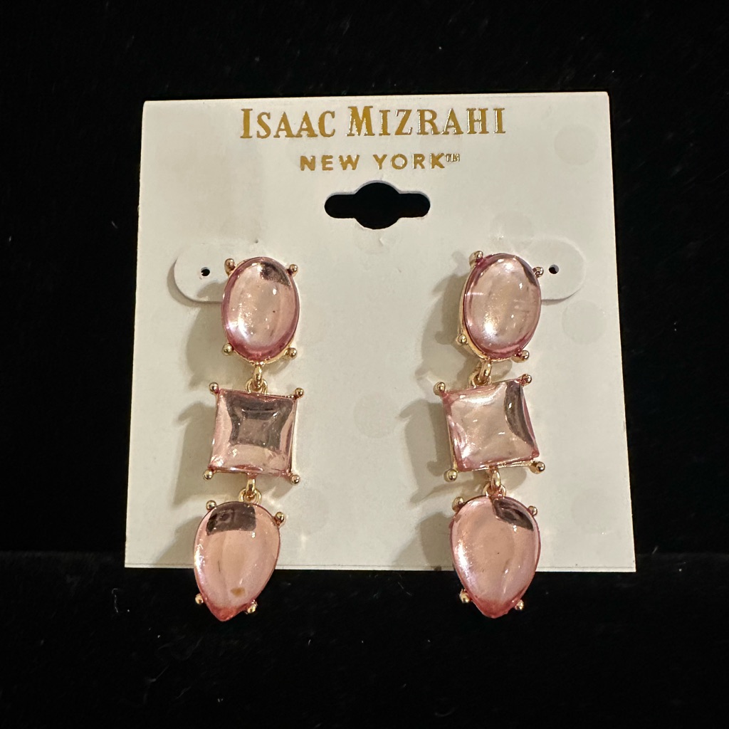 Isaac Mizrahi New York Linear Drop Gold Tone Pink Faceted Stones Earrings Nwt